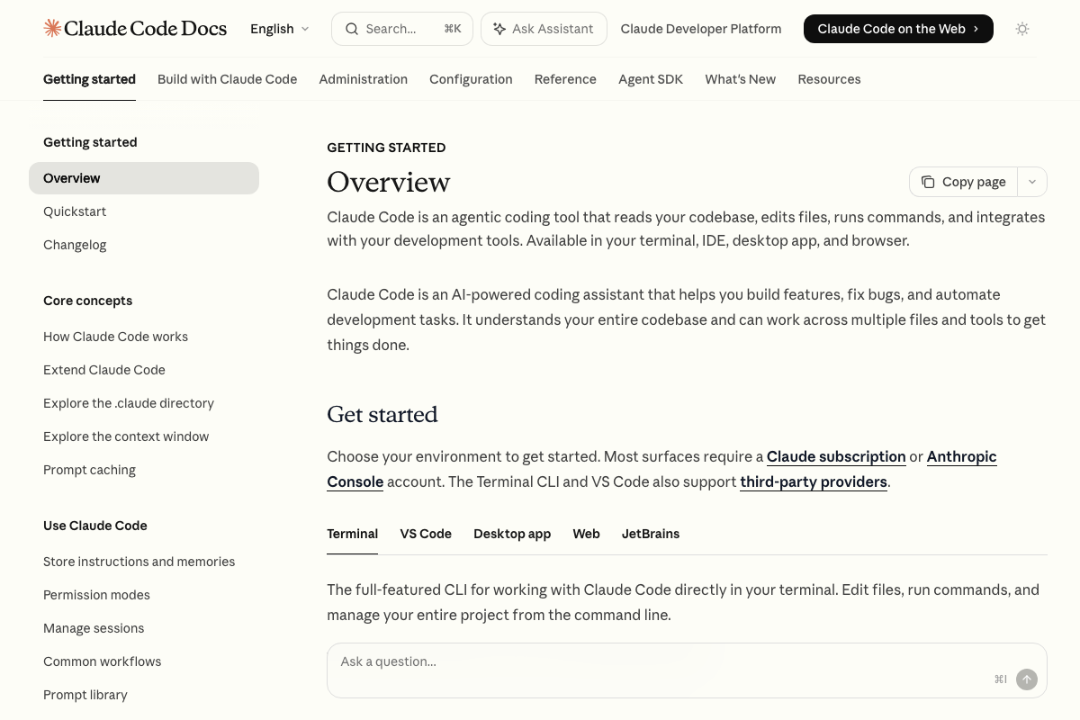 Claude Code Docs overview confirming desktop app availability and multi-environment support (Terminal, VS Code, Desktop, Web, JetBrains)