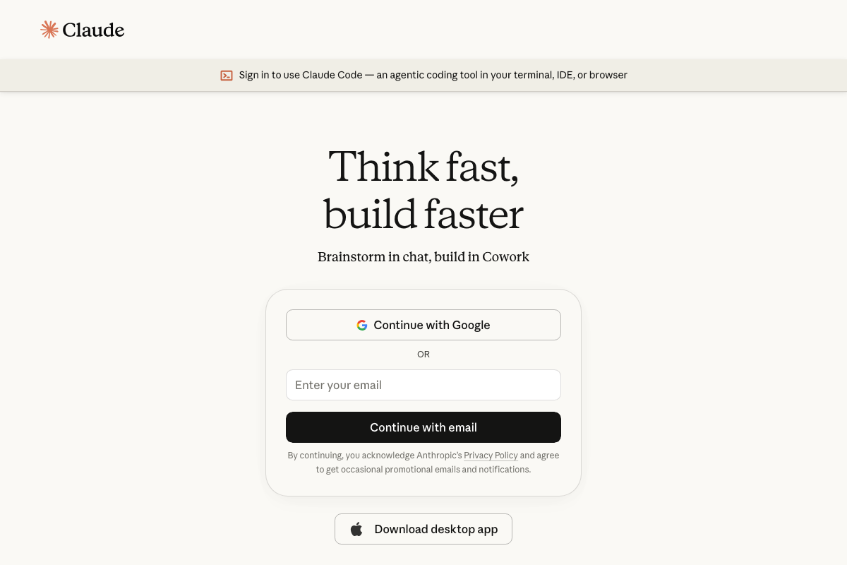 Claude.ai sign-in page confirms Claude Code is a real, accessible product described as 'an agentic coding tool in your terminal, IDE, or browser'