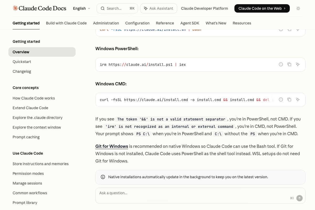 Claude Code installation commands for macOS, Windows PowerShell, and Windows CMD, with a note that native installs auto-update