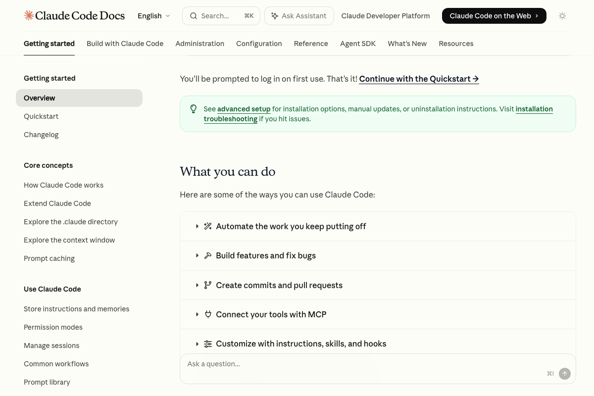 Claude Code Docs 'What you can do' section confirming MCP connectivity and skills/hooks customization as first-party features