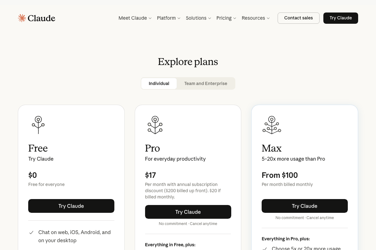 Claude.ai pricing page showing Free, Pro, and Max individual plan tiers — plan requirements for Claude Code access not specified in the tutorial