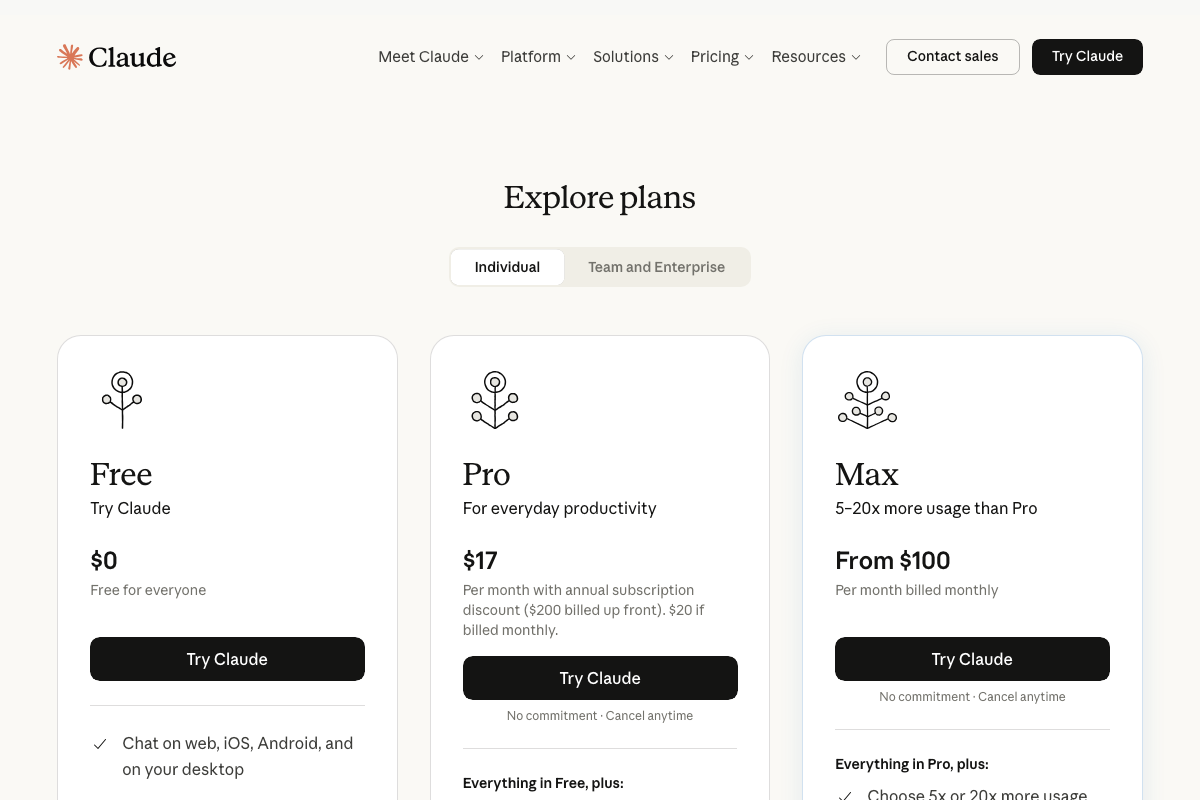 Claude pricing page showing Free, Pro ($17/mo annual), and Max (from $100/mo) plan tiers