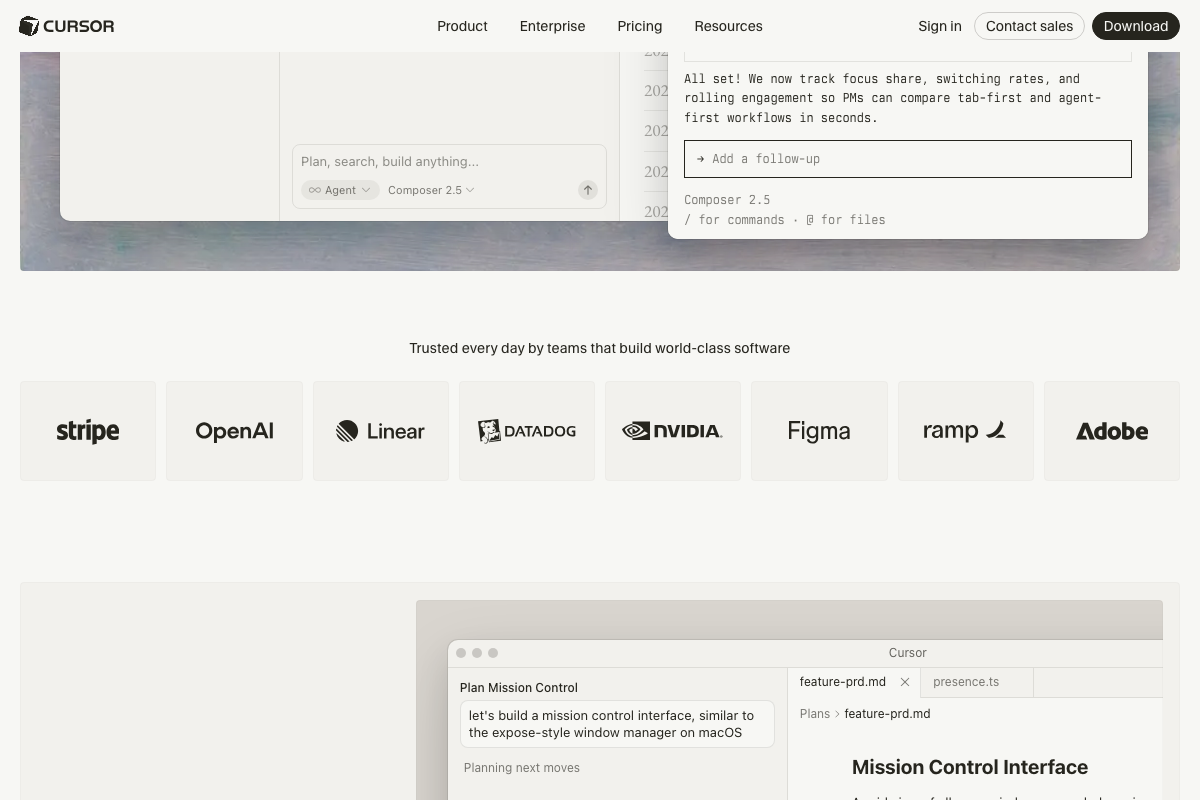 Cursor homepage showing Composer 2.5 with '@ for files' syntax and enterprise customer logos including Stripe, OpenAI, and NVIDIA.