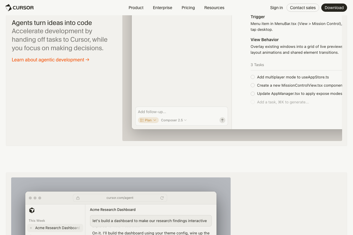 Cursor's dedicated agent interface at cursor.com/agent, accepting natural-language prompts for multi-file code generation
