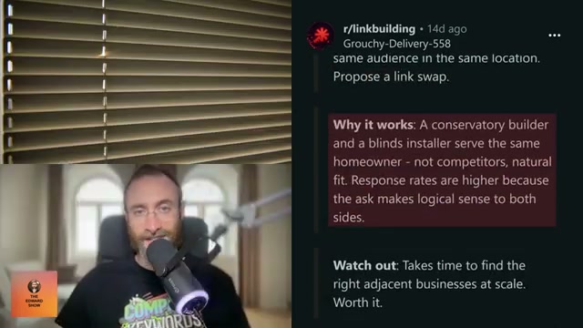 Adjacent niche logic: a conservatory builder and a blinds installer share the same homeowner audience — making the link swap pitch an easy yes.