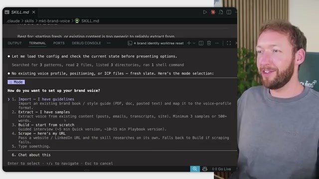 Claude Code prompts you to choose your brand voice setup mode — Import existing guidelines, Extract from samples, Build from scratch, or Scrape your URL