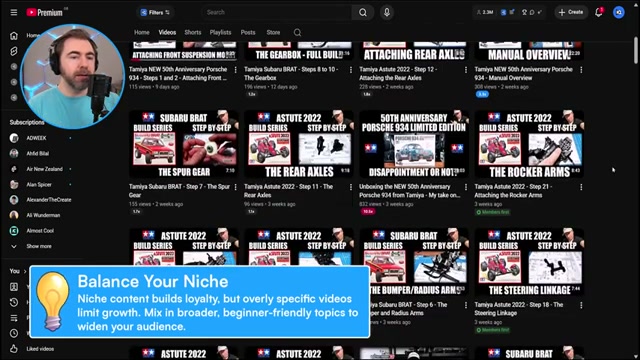 The niche trap in plain sight: every thumbnail says 'Build Series! Step by Step' — vidIQ's tip explains why this limits growth.