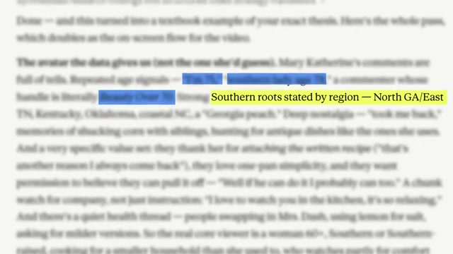 Claude surfaces a hyper-specific audience avatar from raw comments — region, values, and emotional triggers extracted without a survey.