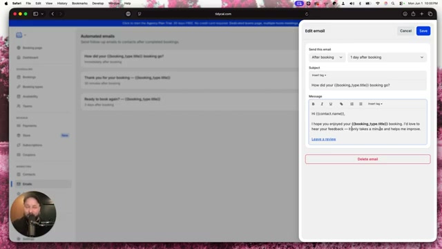 TidyCal's automated email editor uses merge tags to personalize post-booking follow-ups — no third-party tool required.