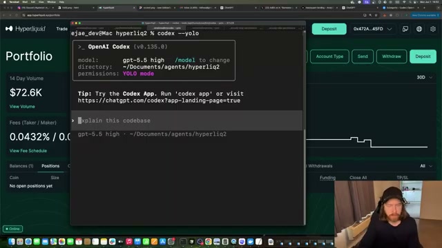 Launch Codex in YOLO mode against the hyperliq2 agent repo: `codex --yolo` with gpt-5.5 high gives the agent autonomous execution rights