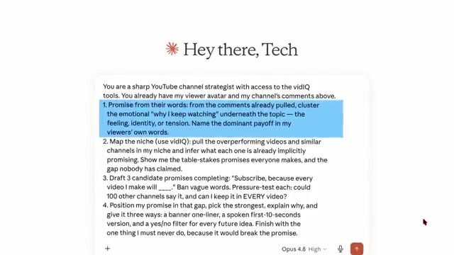 The channel promise prompt — Step 1 tells Claude to mine the comments for the emotional 'why I keep watching,' not topic keywords.