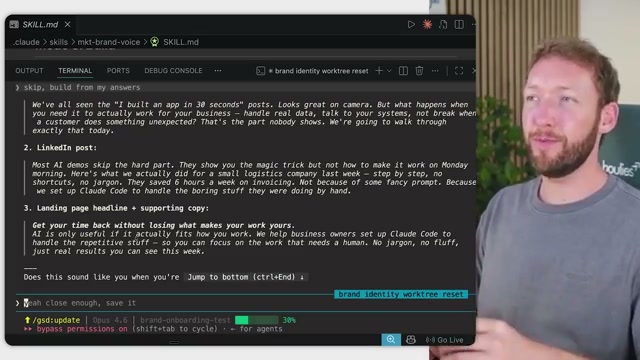 Claude Code generates sample content in your voice and asks you to confirm before saving the profile — this is the validation moment