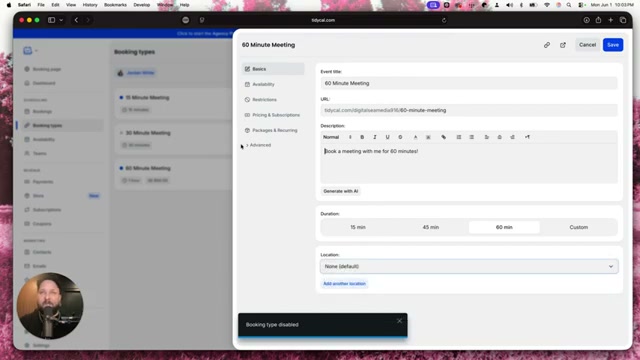 Configuring a booking type: set the title, URL, description, duration, and location — then flip it live when ready.