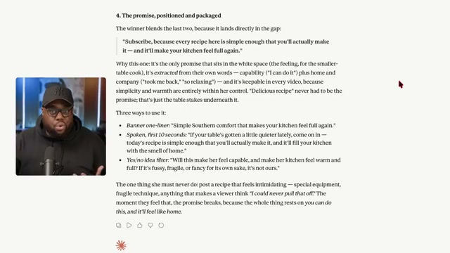 The final output: a channel promise with a banner line, a spoken hook, a content filter, and a hard rule for what would break the promise.
