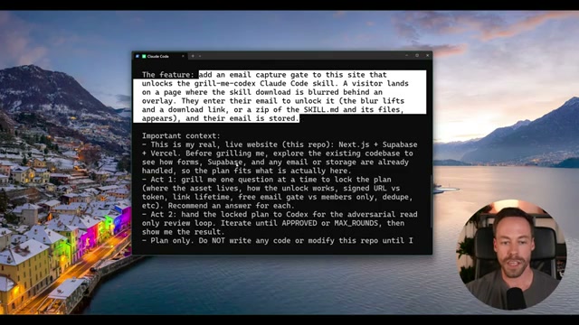 The skill prompt in full: Act 1 grills the plan lock, Act 2 hands it to Codex for adversarial review