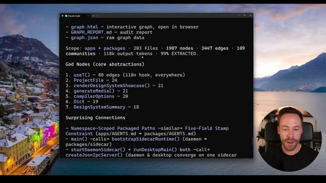 Graphify's GRAPH_REPORT.md: 1,907 nodes, 3,447 edges, and the top 'God Nodes' that everything else depends on — auto-generated from your codebase.