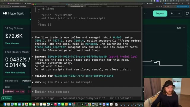 Trade confirmed live and sub-agent spawned: short 0.065 SP500 at entry 7591.7 with native TP/stop in place — trade_data_reporter (gpt-5.4-mini) begins its 30-second monitoring loop