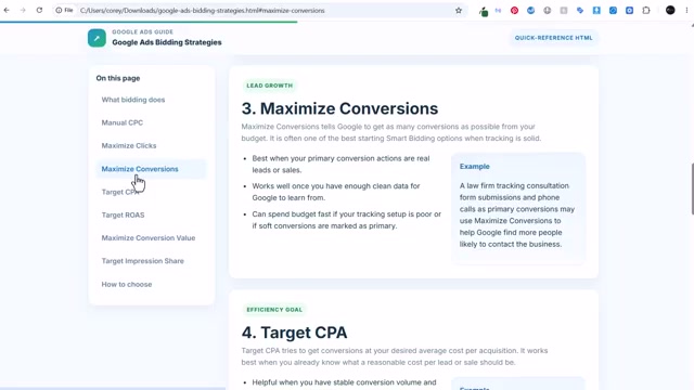 Maximize Conversions vs. Target CPA: use Maximize Conversions to feed the algorithm, then layer in a CPA target once you know your numbers.
