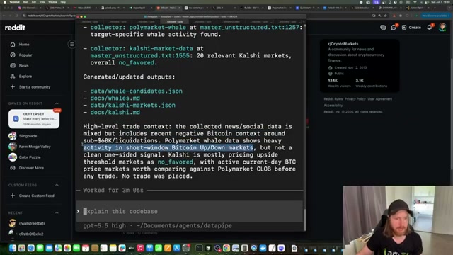 Pipeline completes in 3 minutes: output files generated, trade context analyzed — Codex explains why no trade clears the threshold.