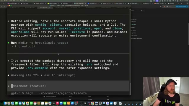 After 1m 22s of autonomous planning, Codex creates the hyperliquid_trader package directory and begins scaffolding the trading framework.