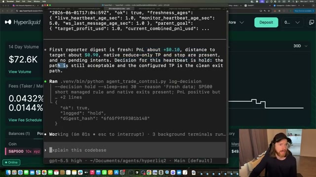 First heartbeat decision loop complete: sub-agent reports +$0.10 PnL, main agent validates freshness and logs 'hold' — the 30-second autonomous cycle is live