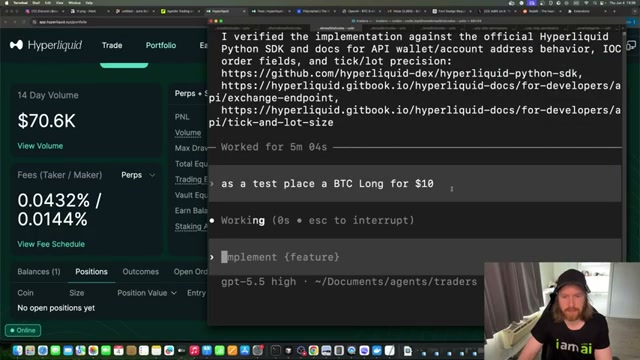 The agent goes live: after verifying against official Hyperliquid docs, Codex autonomously places a $10 BTC Long position — the pipeline's first real trade.