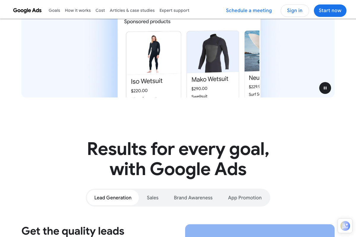 Google Ads homepage 'Results for every goal' section displaying Lead Generation, Sales, Brand Awareness, and App Promotion — the platform's goal-first framework for strategy selection.