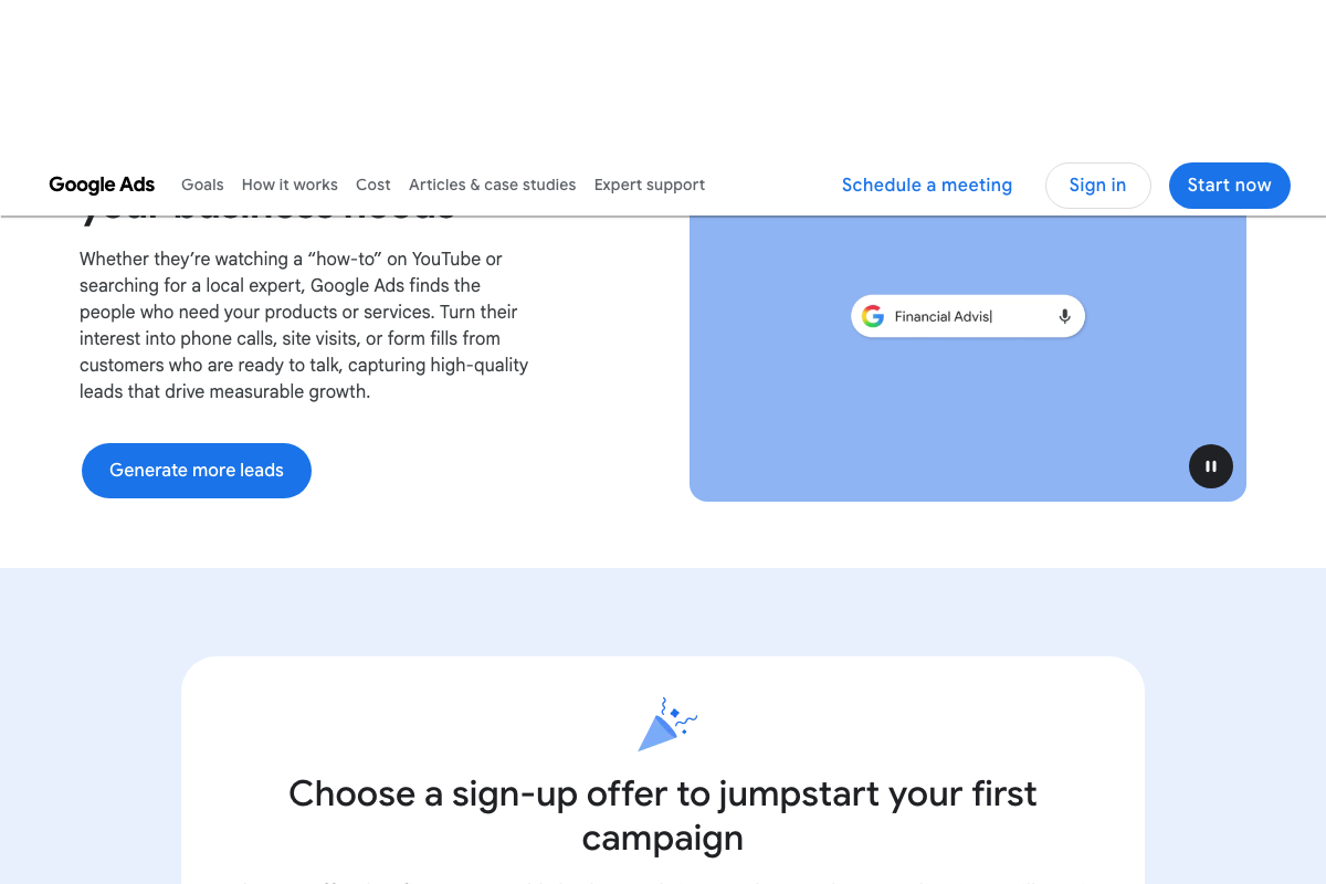 Google Ads homepage lead generation section listing phone calls, site visits, and form fills as measurable campaign outcomes.