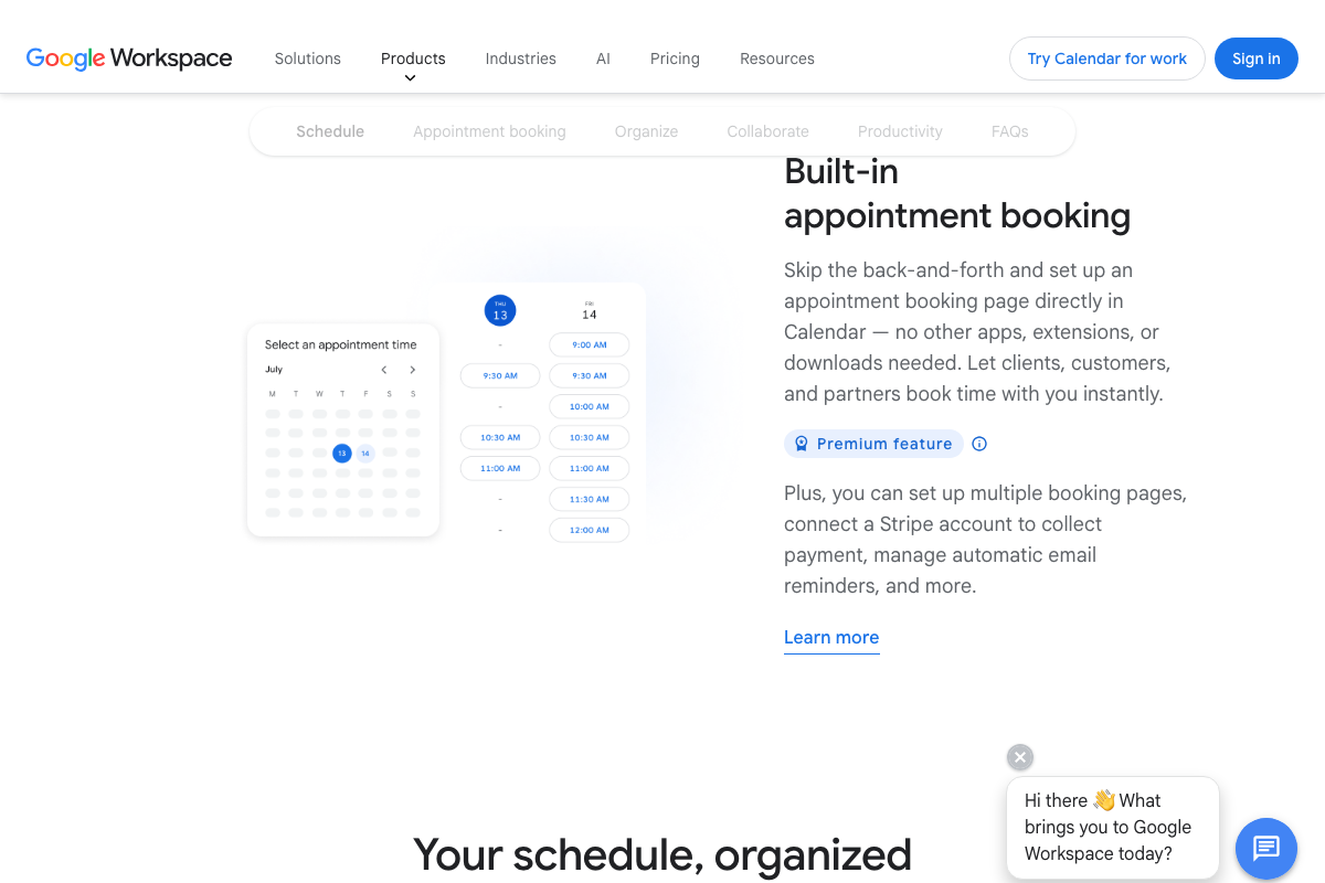 Google Calendar Premium 'Built-in appointment booking' feature with Stripe and email reminders — a direct TidyCal competitor not mentioned in the tutorial.
