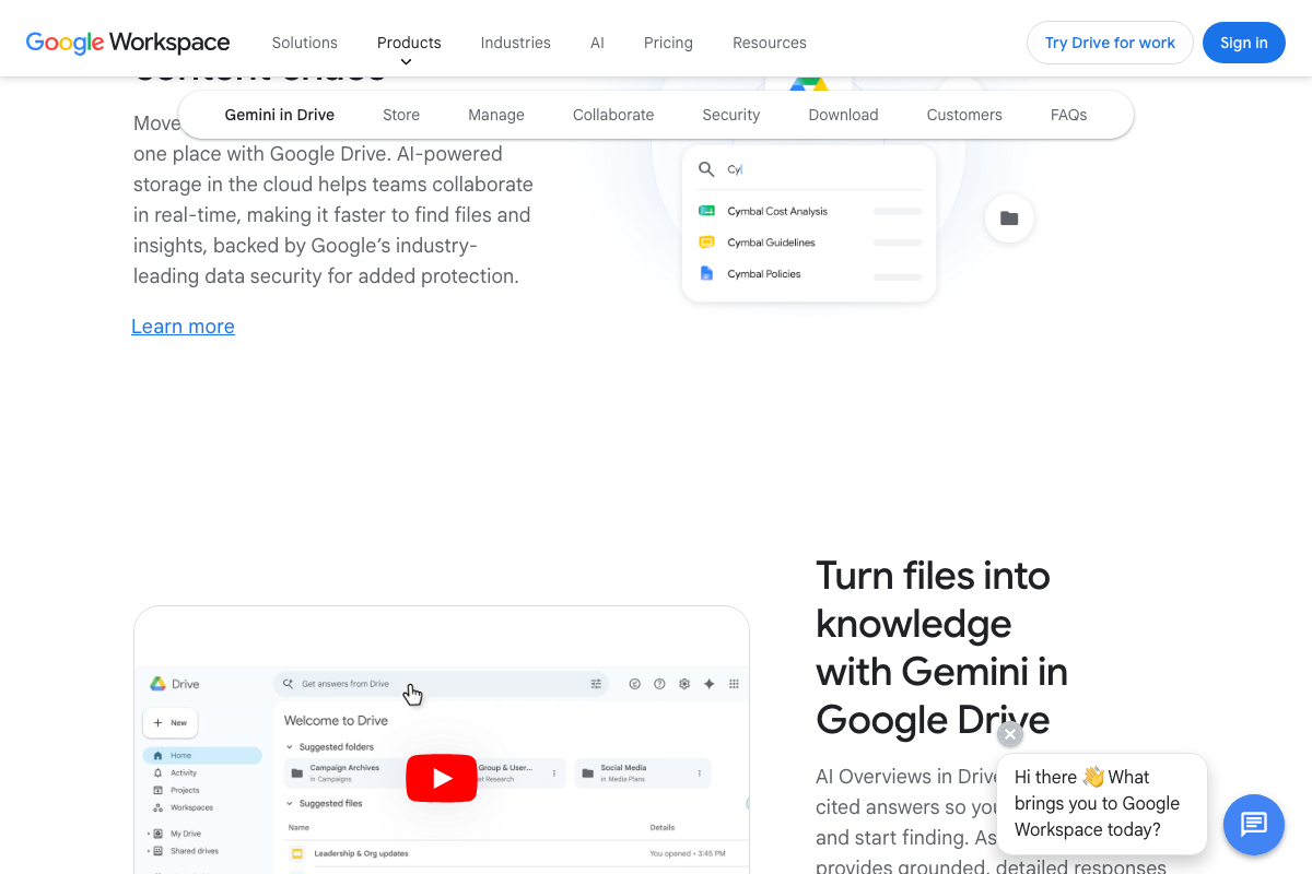 Google Drive 'Turn files into knowledge with Gemini in Drive' — native AI analysis with cited, grounded responses