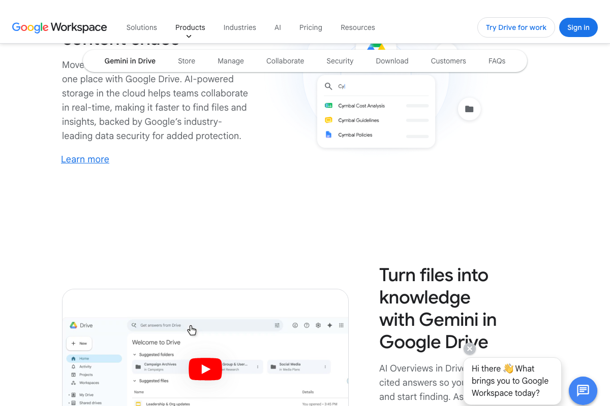 Google Drive marketing page showing Gemini in Drive AI Overviews alongside the standard Drive interface