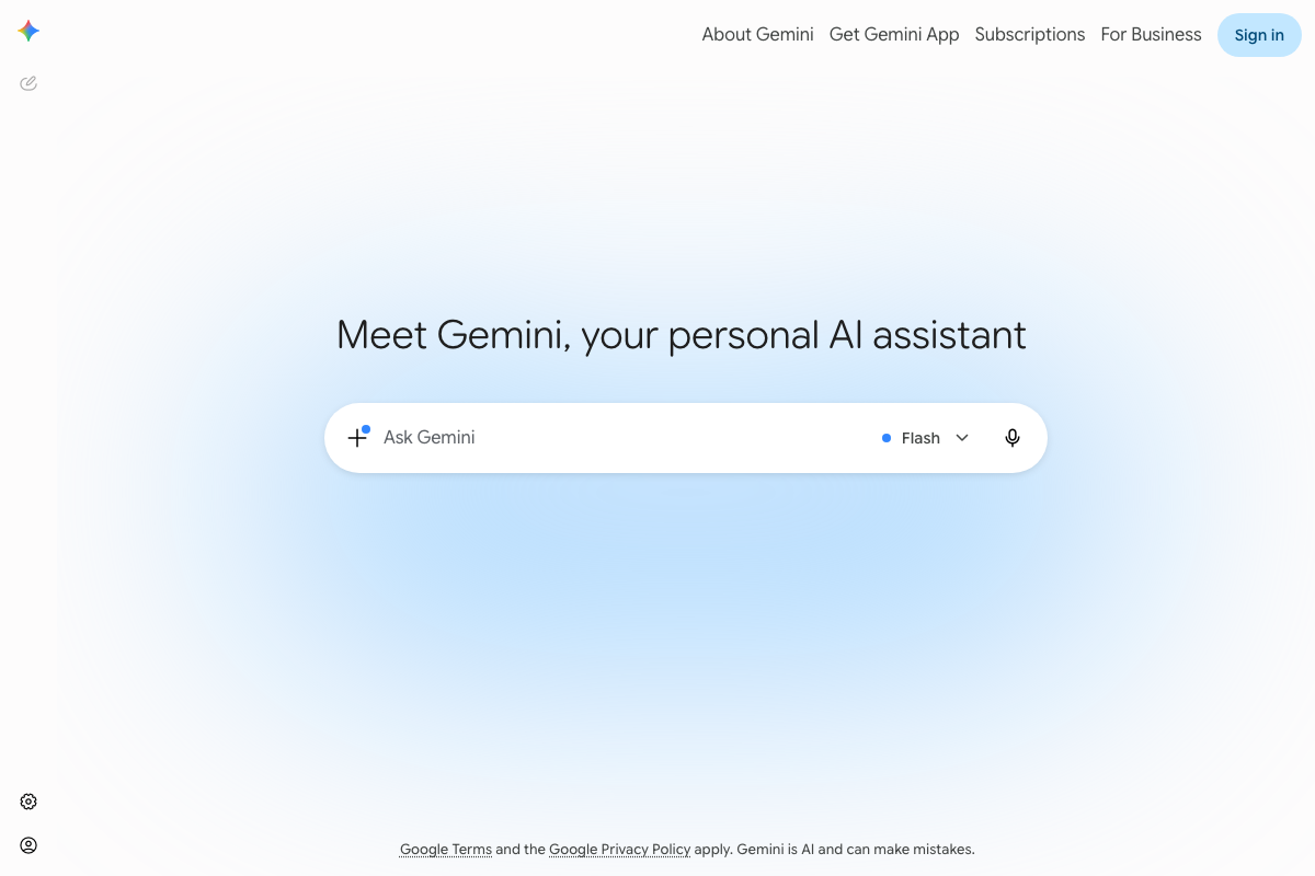 Google Gemini homepage at gemini.google.com showing Flash as the default model in the query interface