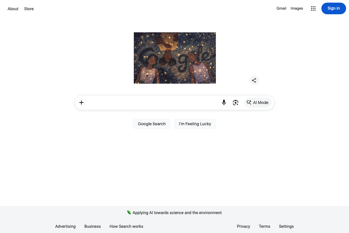 Google.com homepage showing AI Mode button alongside standard search interface