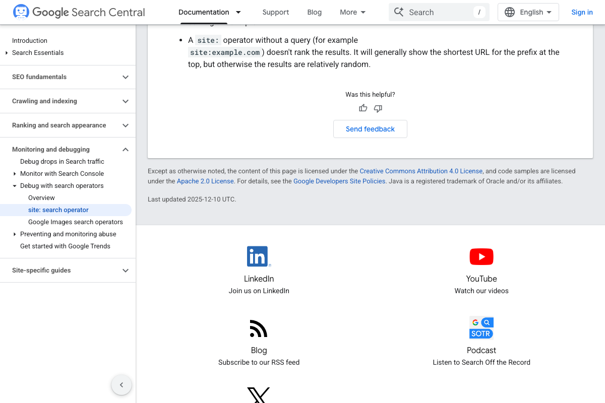 Google Search Central Limitations section confirming bare site: queries return random-ordered, non-exhaustive results — last updated 2025-12-10