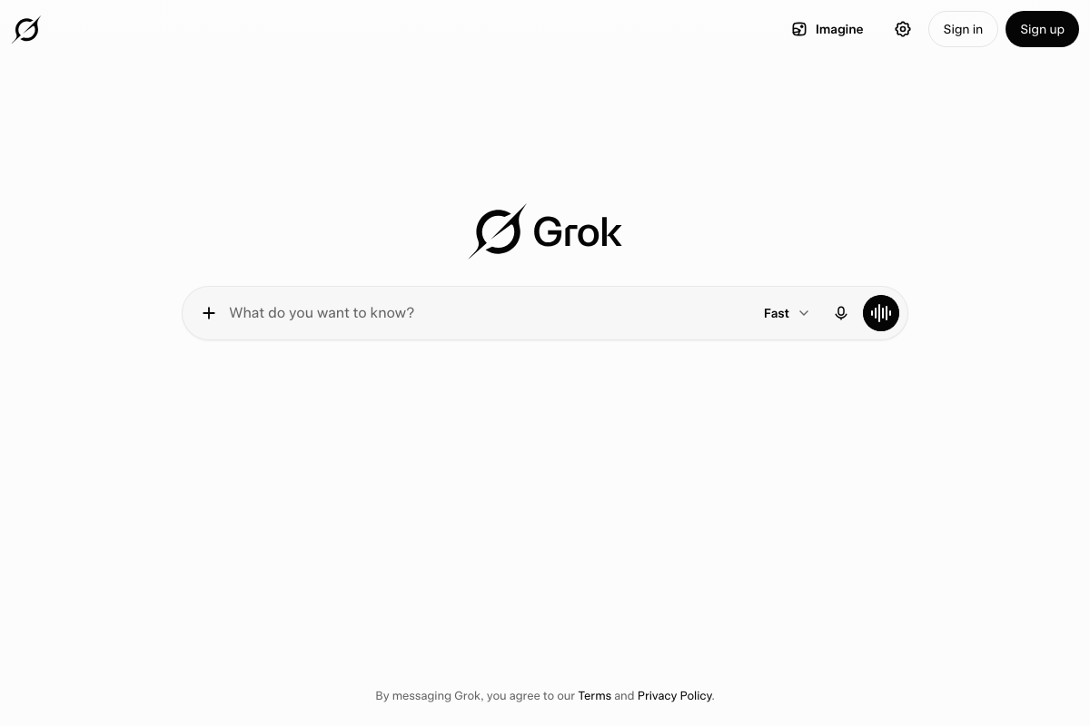 Grok homepage at grok.com showing the Fast response mode selected by default