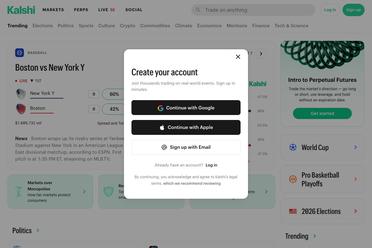 kalshi.com consumer site — confirms Kalshi is live with active markets across crypto, sports, and elections; API documentation at trading-api.readme.io was not captured