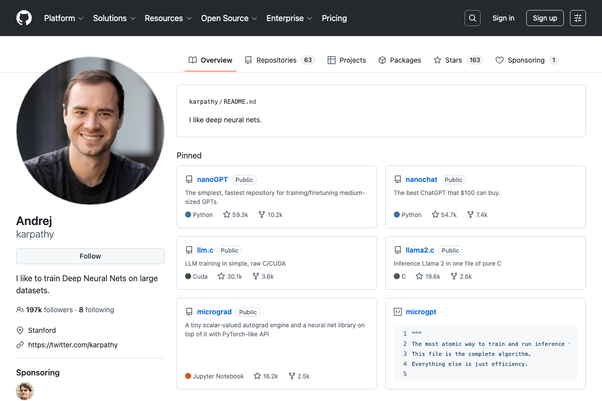 Karpathy's GitHub profile showing six pinned repositories — no CLAUDE.md repository is visible in the pinned section