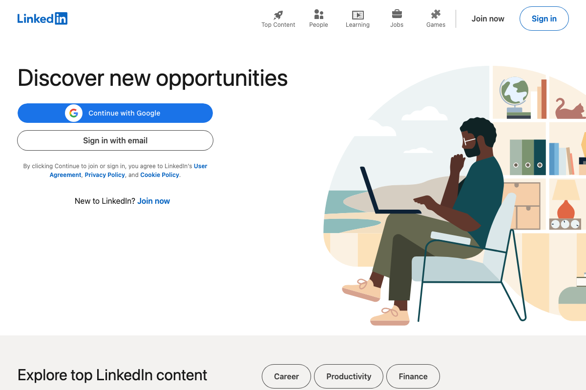 LinkedIn public homepage (logged-out view) — sign-in required to access personal post history referenced in tutorial step 6