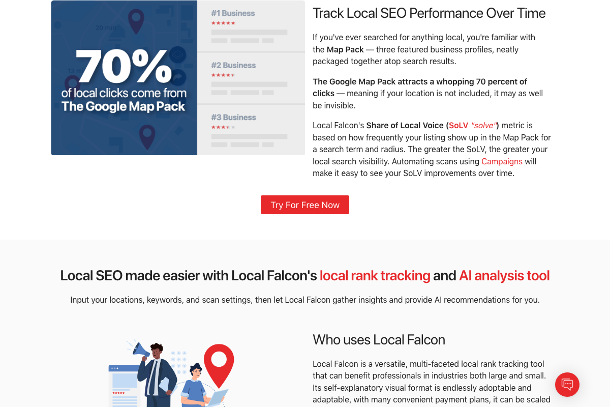 Local Falcon homepage section defining Share of Local Voice (SoLV) as Map Pack appearance frequency, noting 70% of local clicks originate from the Map Pack