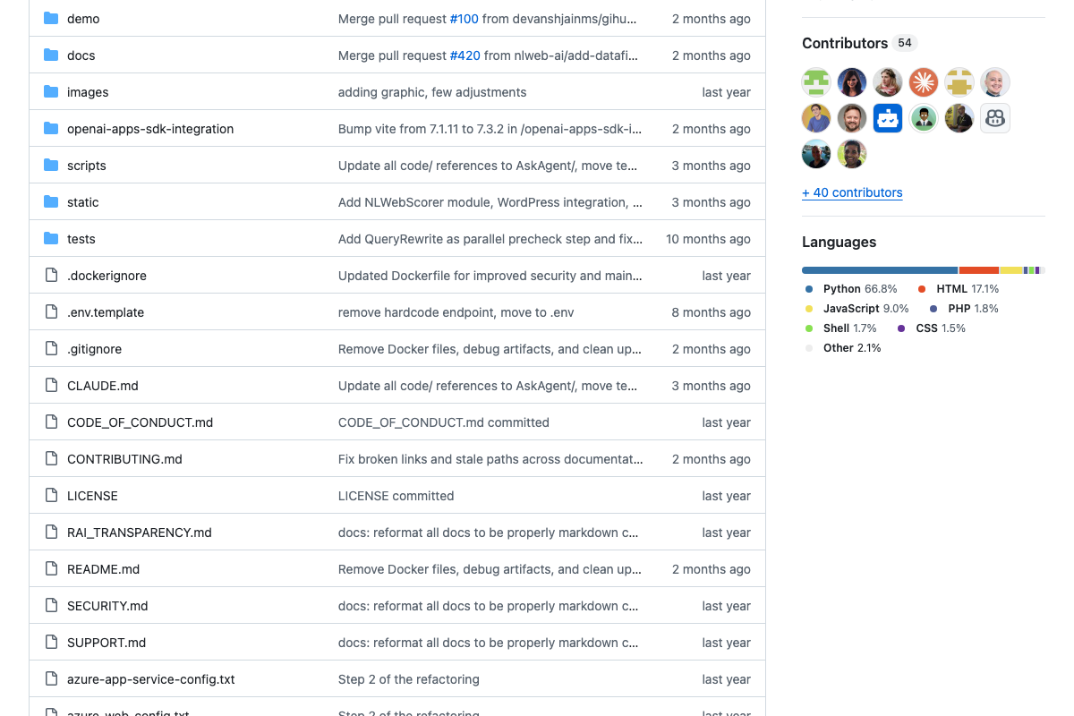 NLWeb repo file structure: 54 contributors, Python-primary, with a 'code/wordpress/nlweb' WordPress integration directory visible.