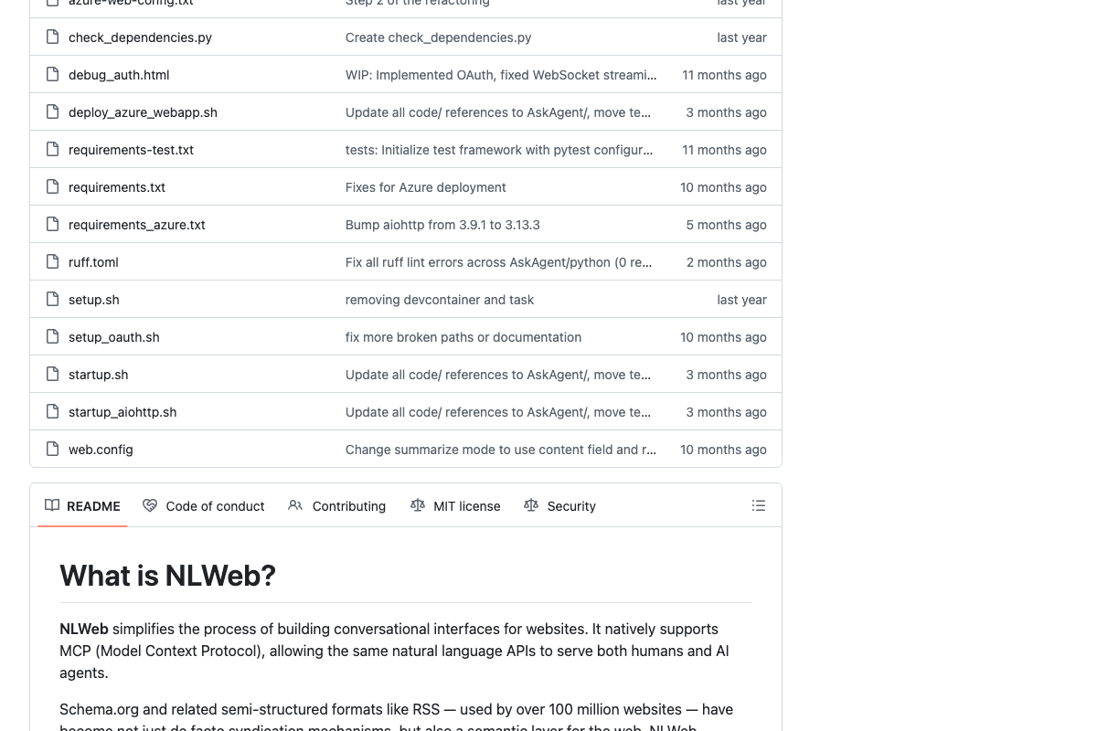 NLWeb README — the query-routing module is named 'AskAgent'; 'Ask Protocol' does not appear in current documentation.