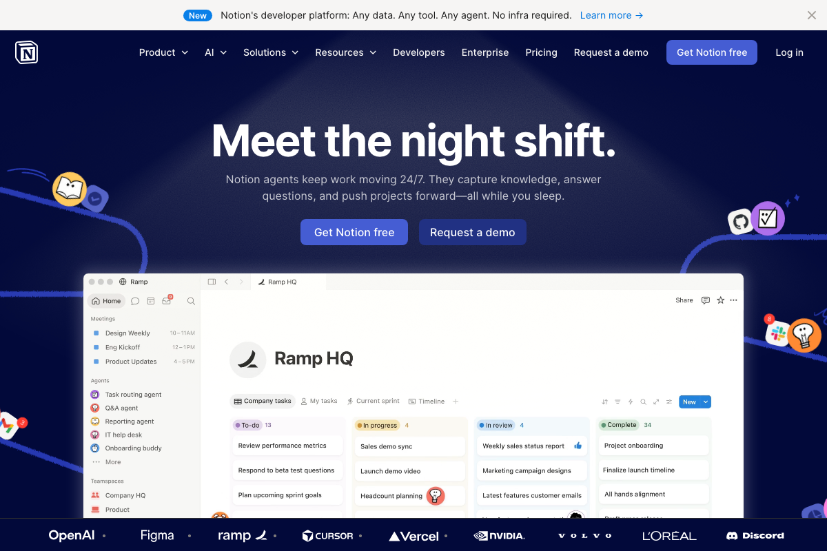 Notion homepage showing shared workspace UI and 'Meet the night shift' — Notion's native 24/7 agent capabilities