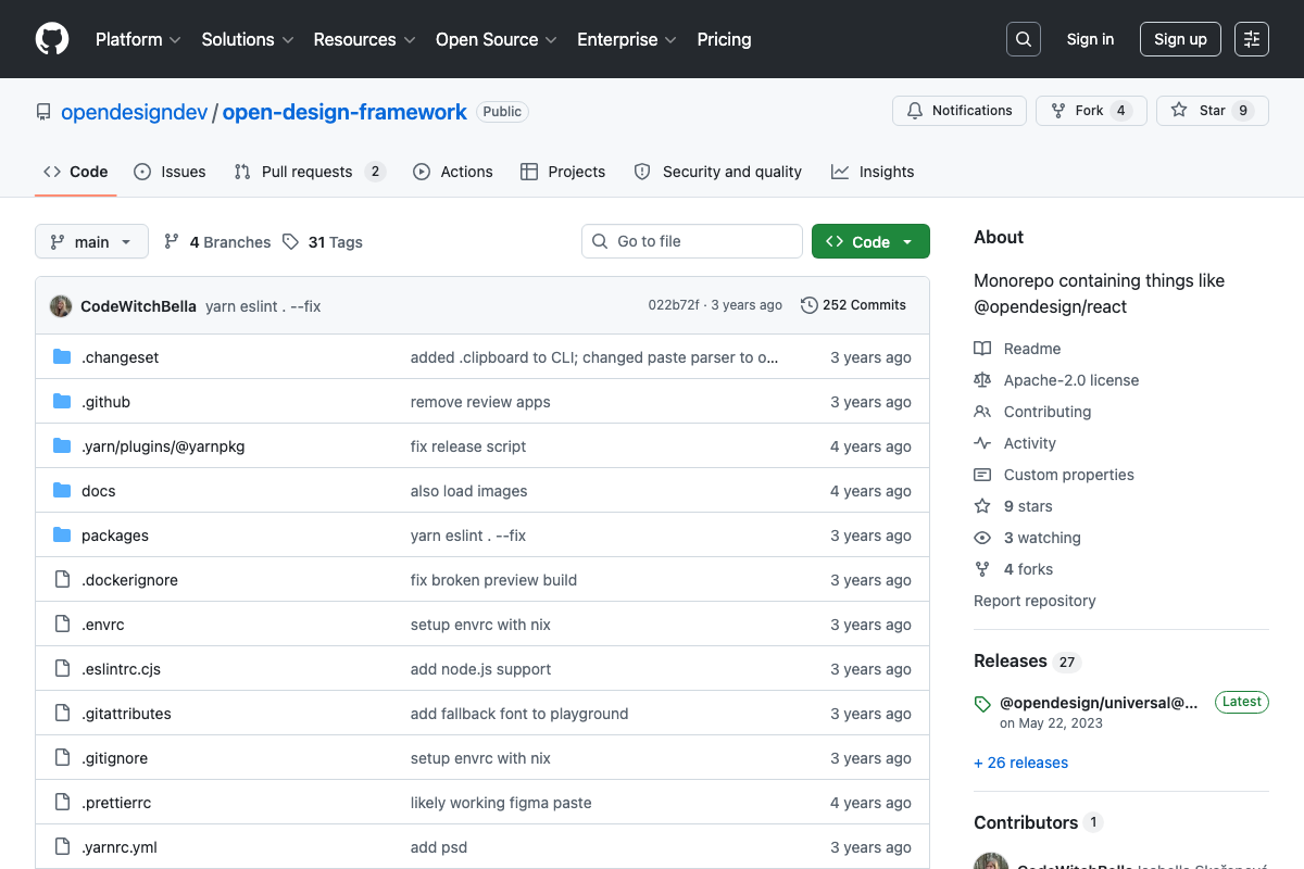 opendesigndev/open-design-framework — largely inactive TypeScript monorepo used as a secondary demo; summary output may not represent production-scale results