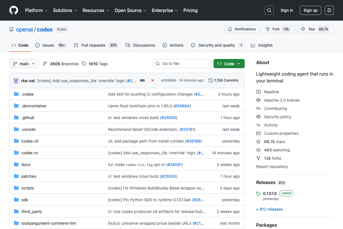 openai/codex GitHub repository at v0.137.0 — the verified install baseline before the adversarial review loop begins