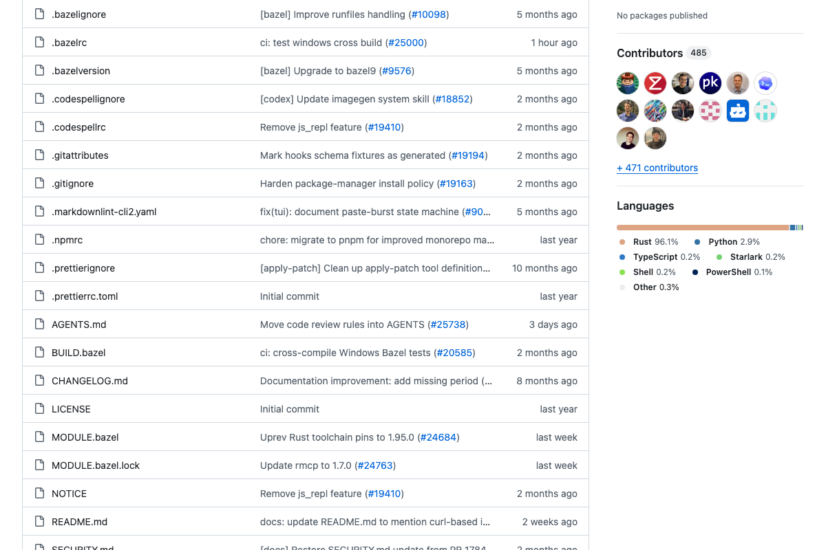 openai/codex file listing showing AGENTS.md at repo root alongside 485 contributors — indicates active maintenance and self-documented agentic behavior
