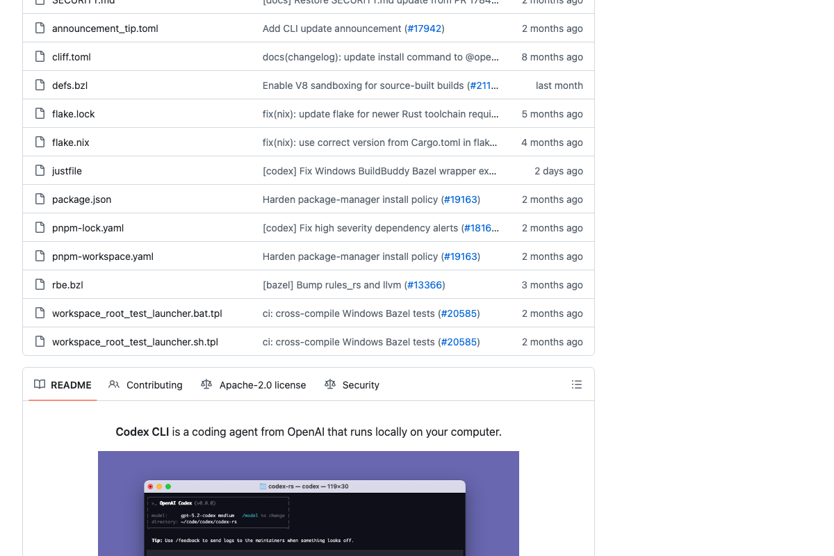 Codex CLI README confirming local execution, with terminal UI showing 'gpt-5.2-codex medium' as the active model