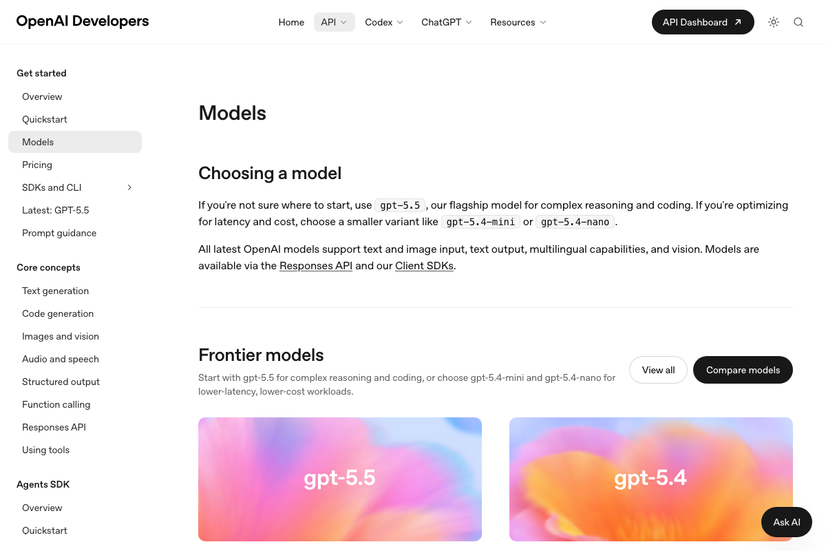 OpenAI Models page — Frontier models section showing gpt-5.5 and gpt-5.4 model cards with capability guidance text