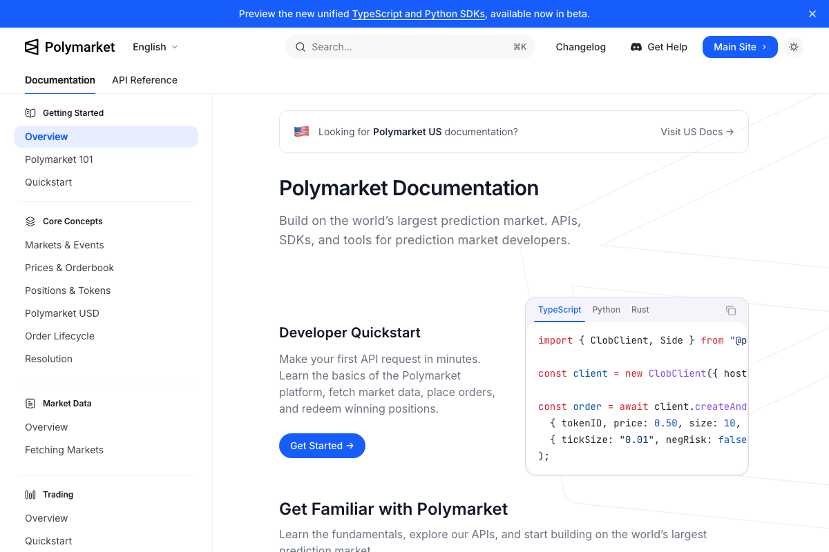 Polymarket Documentation overview showing the Developer Quickstart section and TypeScript ClobClient SDK code example.