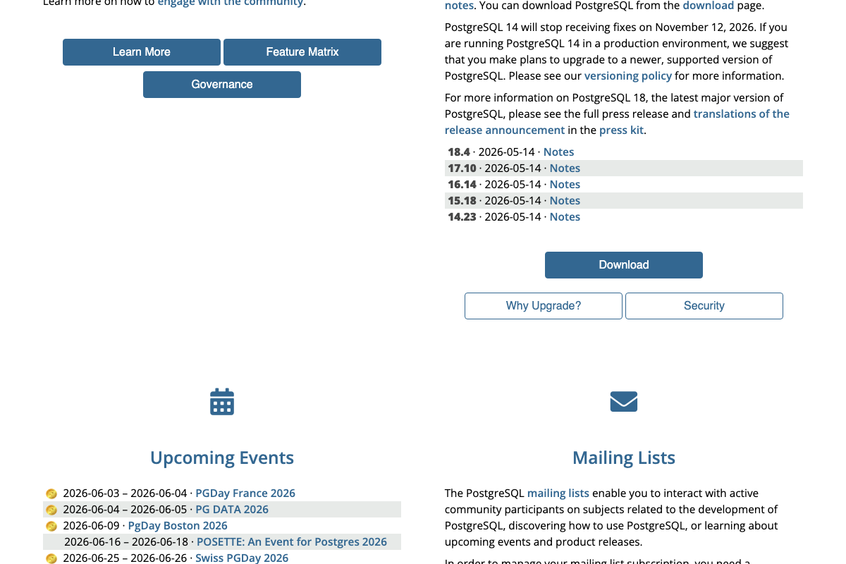 PostgreSQL release page showing versions 14–18 with 2026-05-14 release dates and PostgreSQL 14 EOL notice for November 2026