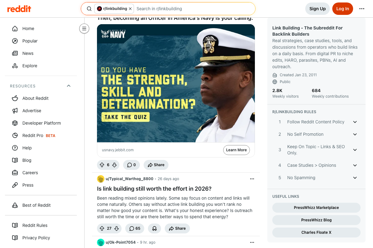 r/linkbuilding feed showing active practitioner debate on whether outreach-heavy link building delivers ROI in 2026 — useful context before committing time to this method